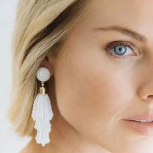 NEW Panacea White Iridescent Beaded Tassel Earrings Rachel Zoe